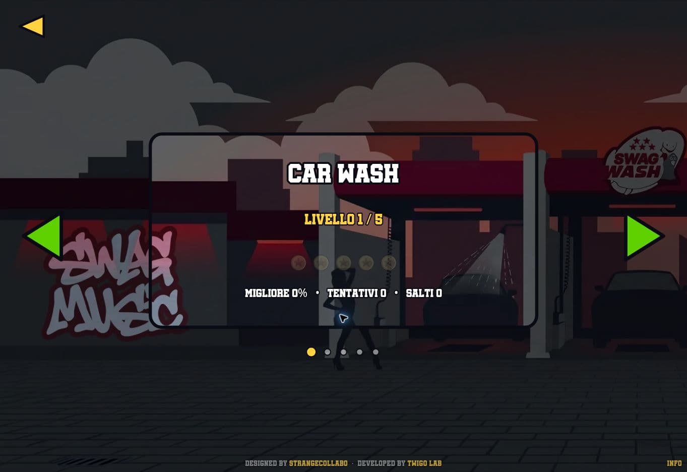 Scenario Car Wash nel rhythm-platformer browser OG DASH